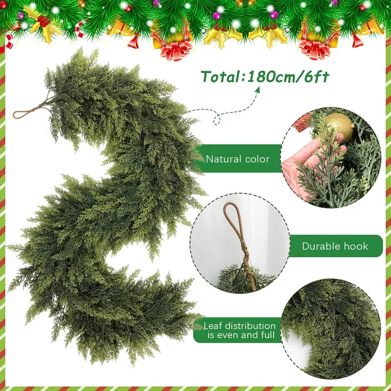 🎄 6FT Artificial Cedar Garland  – Lifelike Greenery for Indoor & Outdoor Xmas Decor（fb）